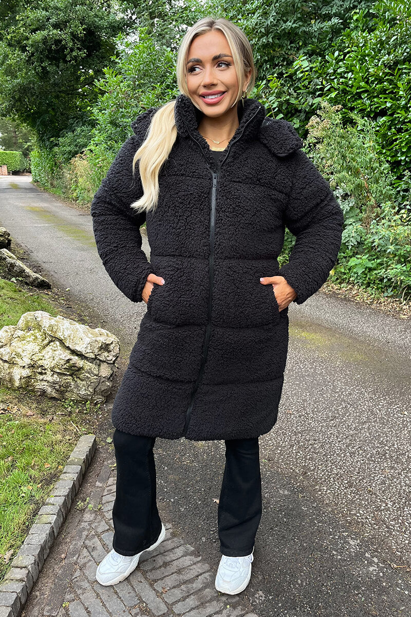 Black Teddy Panelled Long Coat - Swimclubus