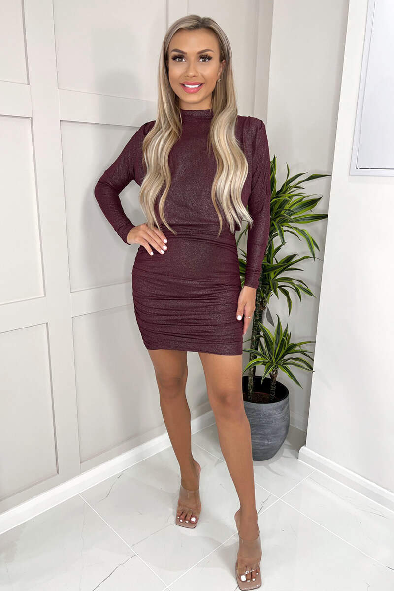 Plum Long Sleeve Ruched High Neck Shimmer Bodycon Mini Dress - Swimclubus