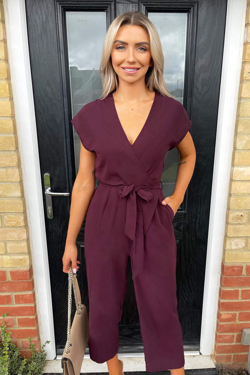 Plum Wrap Tie Waist Jumpsuit - Swimclubus