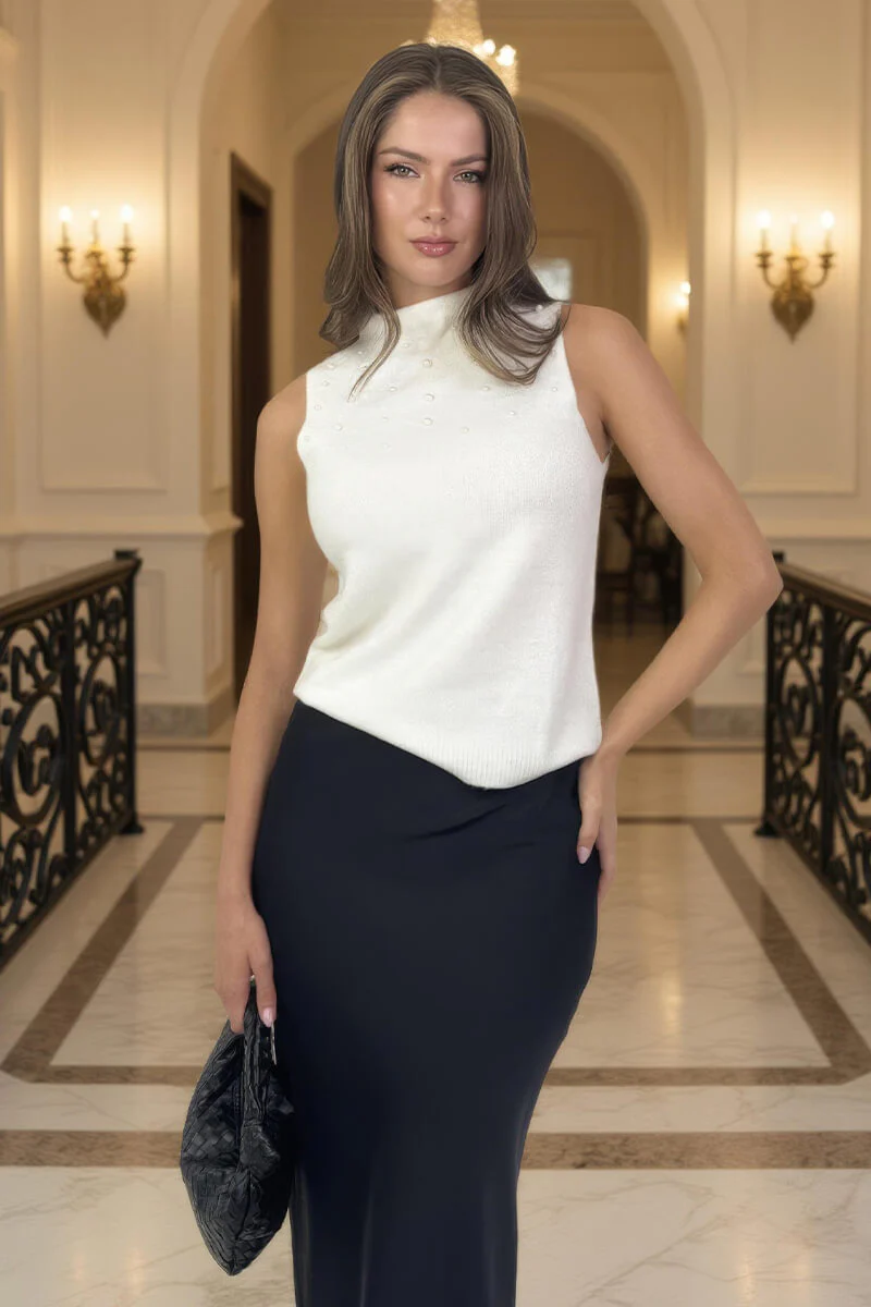 Cream Pearl Embellished High Neck Knit Vest - Swimclubus