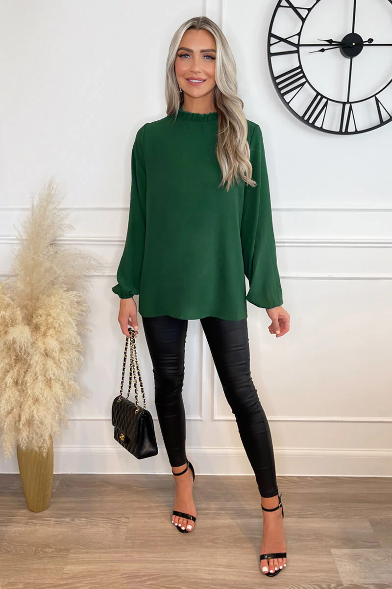 Green Ruffle Neck Long Sleeve Top - Swimclubus