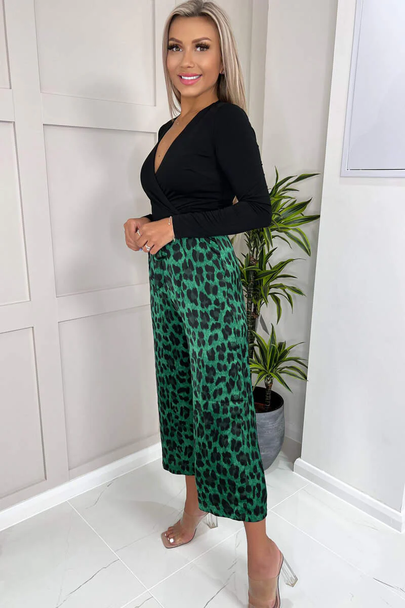 Green And Black Animal Print Long Sleeve 2 In 1 Jumpsuit - Swimclubus