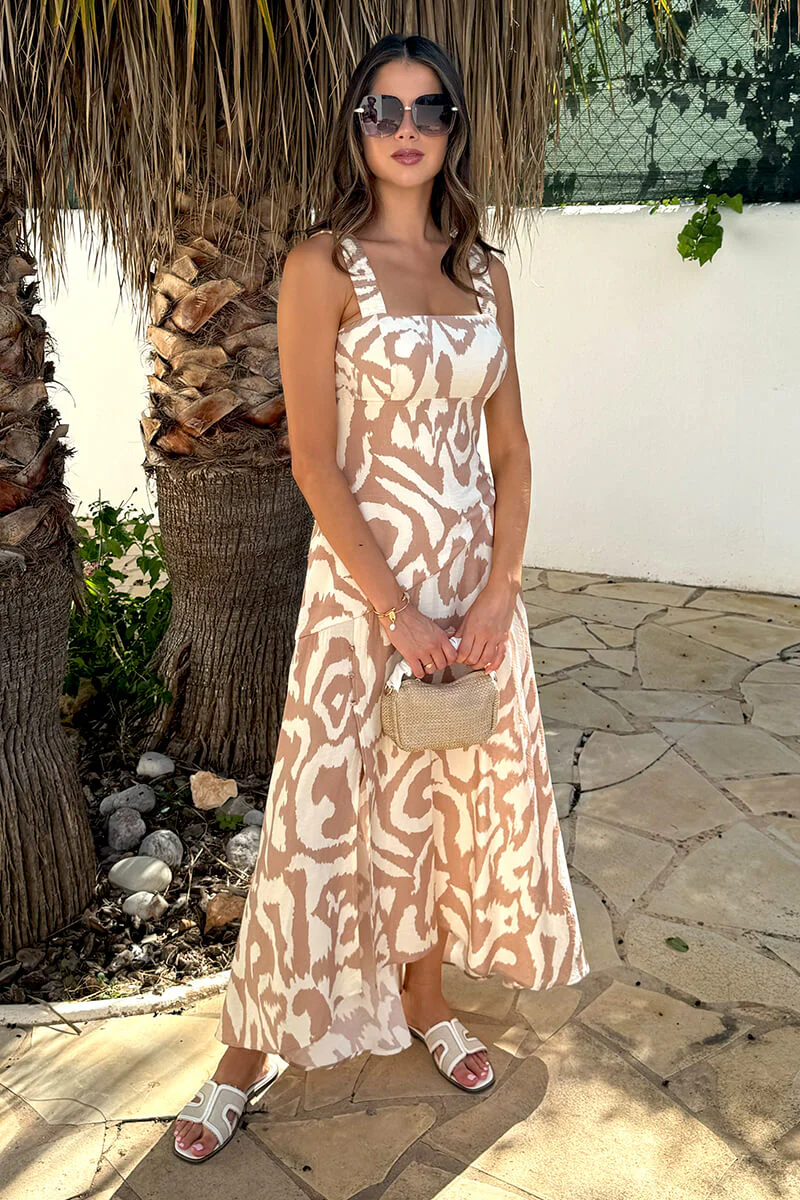 Stone And Cream Abstract Print Shirred Straps Button Detail Midi Dress - Swimclubus
