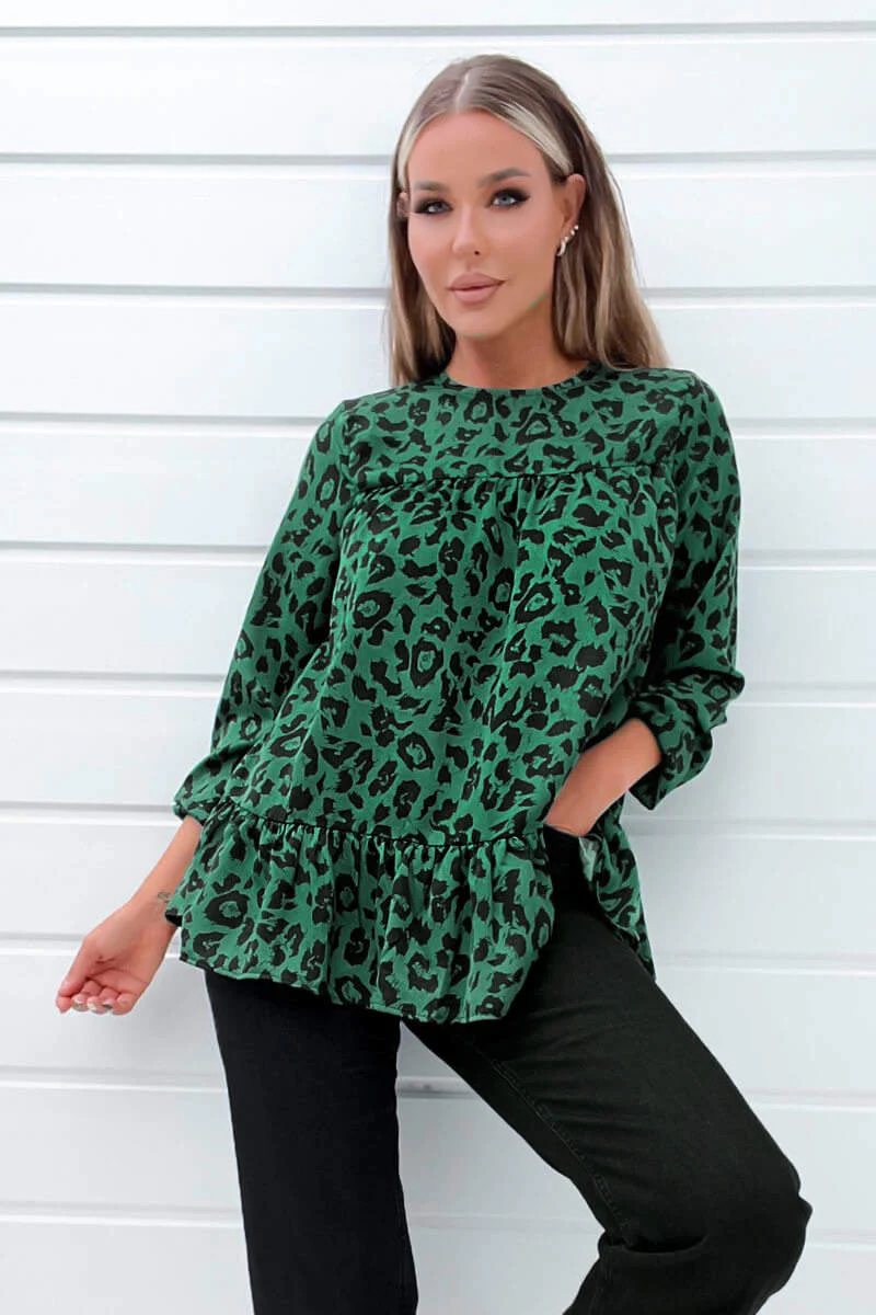 Green And Black Animal Print Long Sleeve Smock Top - Swimclubus