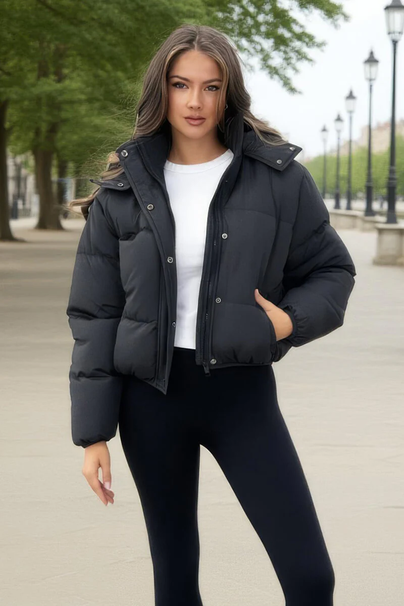 Black Hooded Short Puffer Coat - Swimclubus