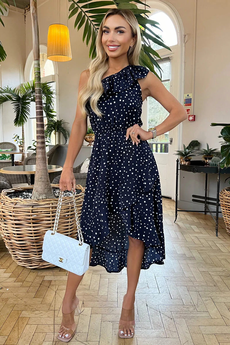 Navy Polka Dot One Shoulder Frill Detail Dipped Hem Dress - Swimclubus