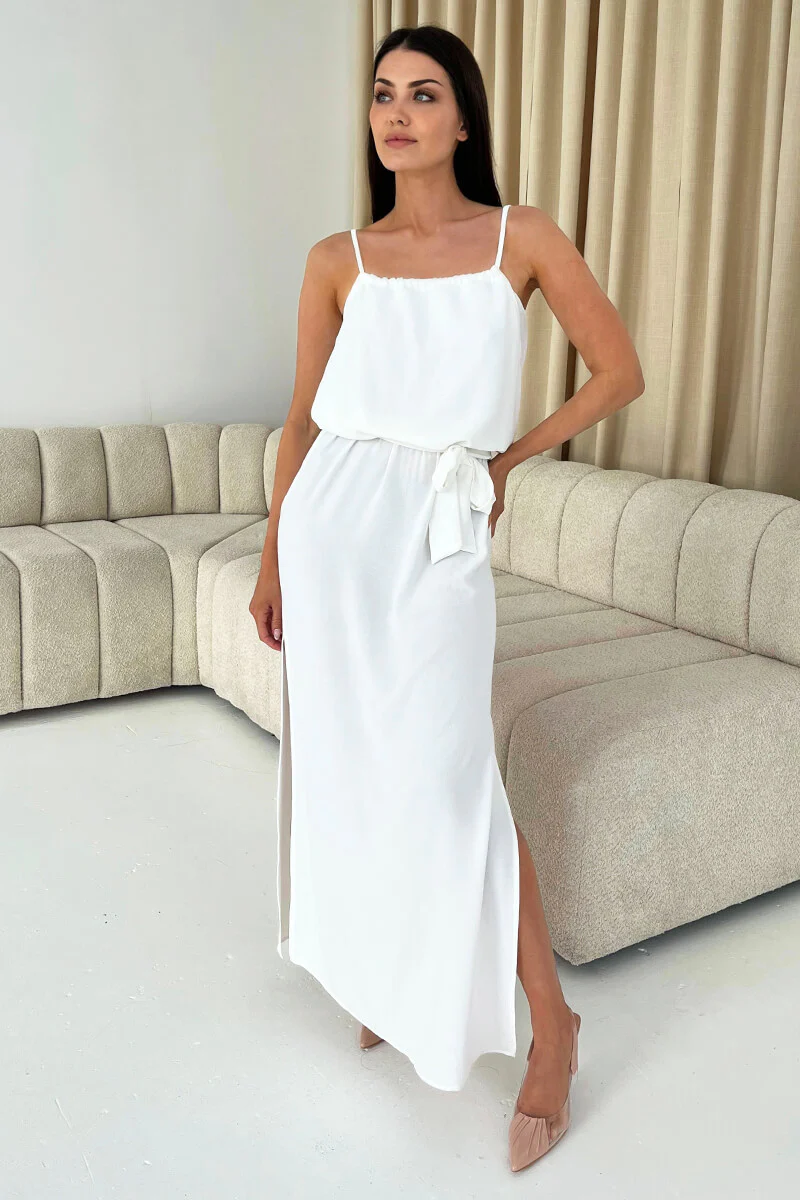 Cream Tie Waist Strappy Split Leg Midi Dress - Swimclubus