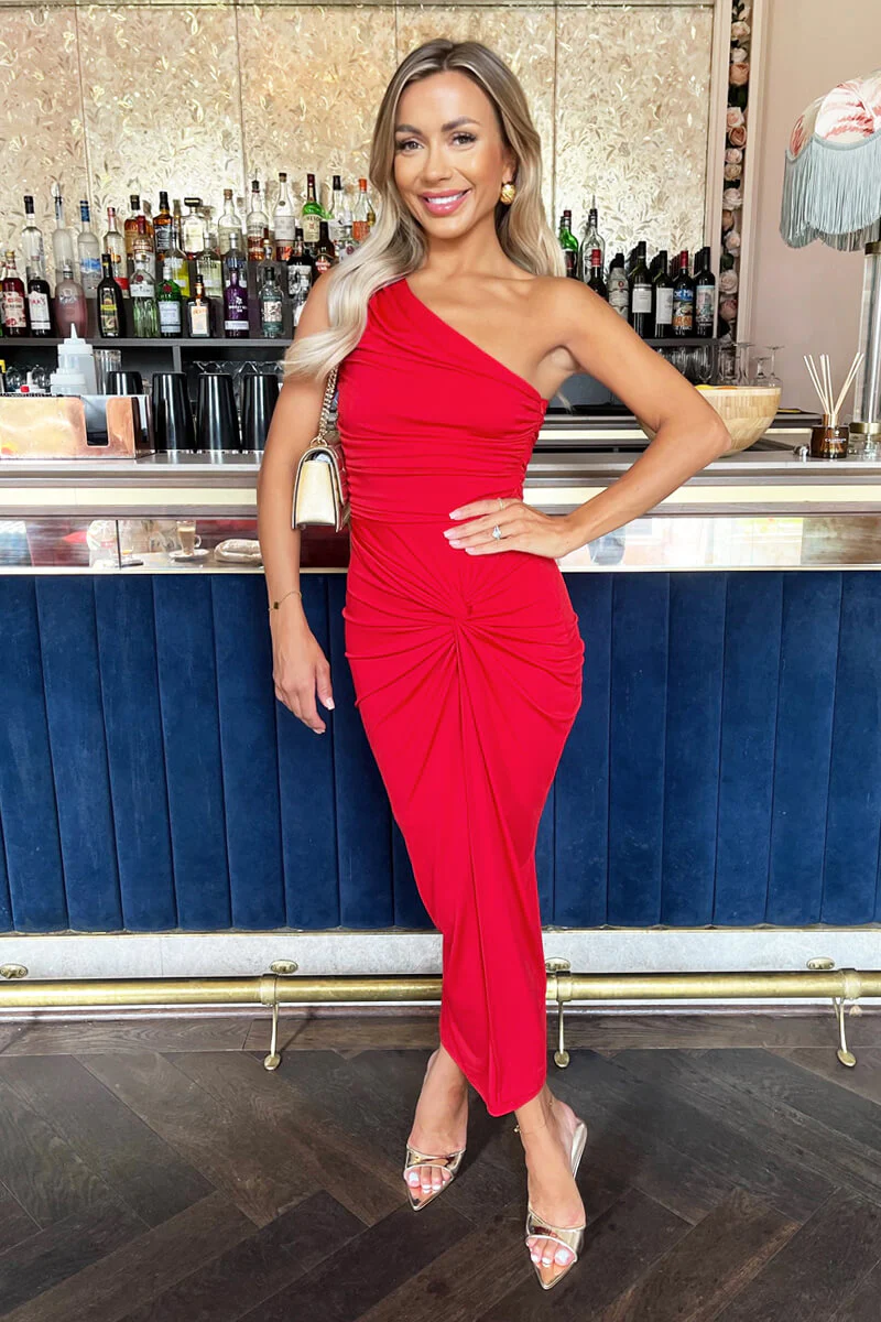 Red One Shoulder Knot Skirt Midi Dress - Swimclubus