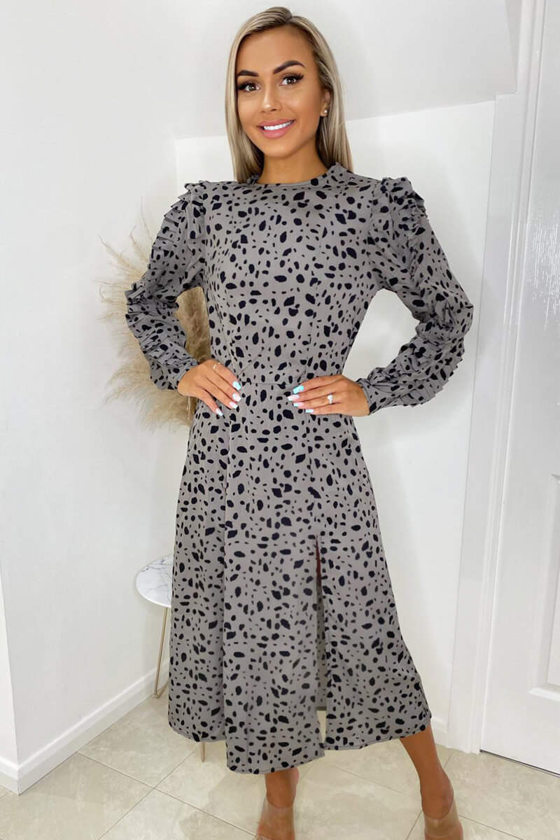 Grey Printed Long Pleated Sleeve Midi Dress - Swimclubus