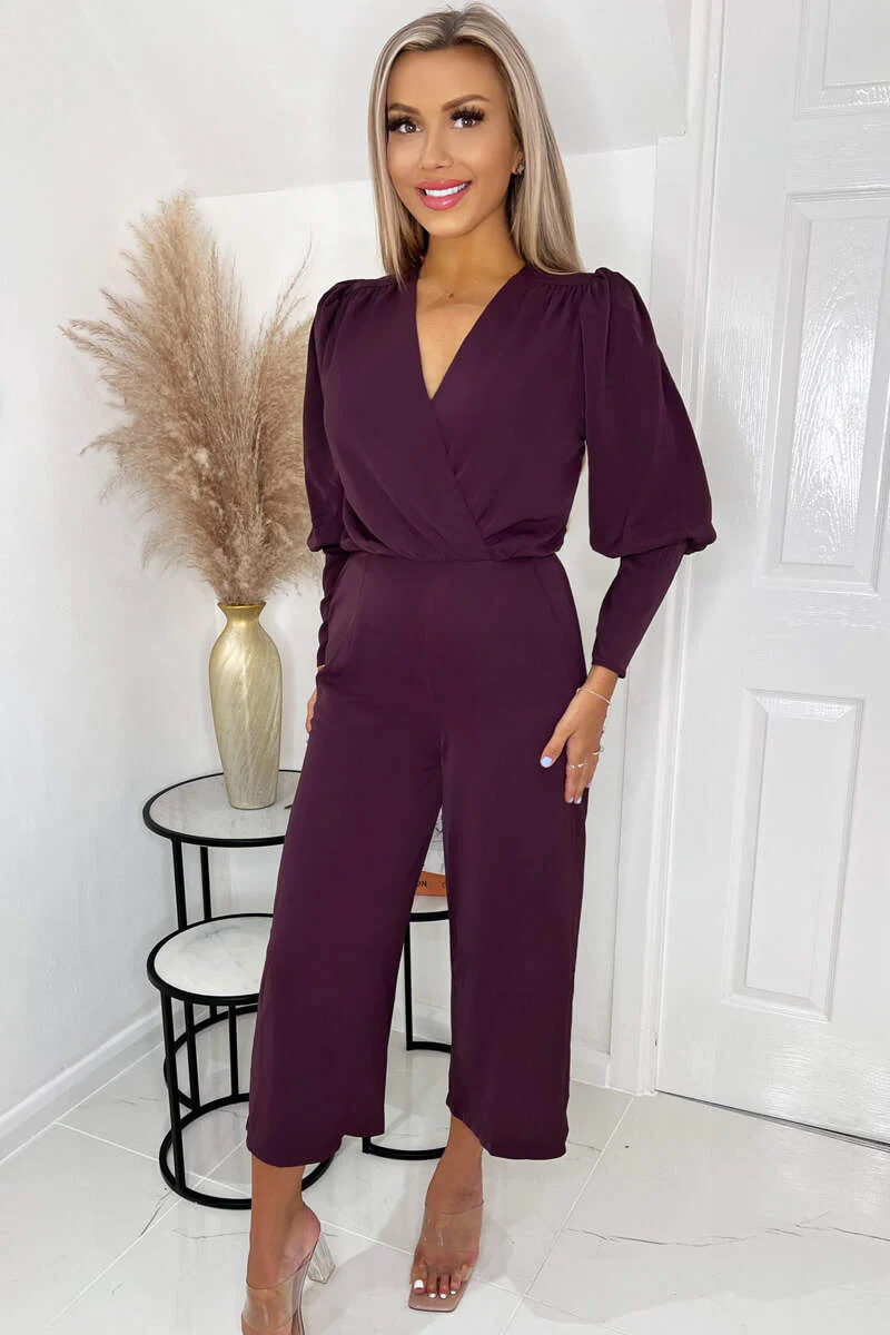 Plum Wrap Top Long Sleeve Culotte Jumpsuit - Swimclubus