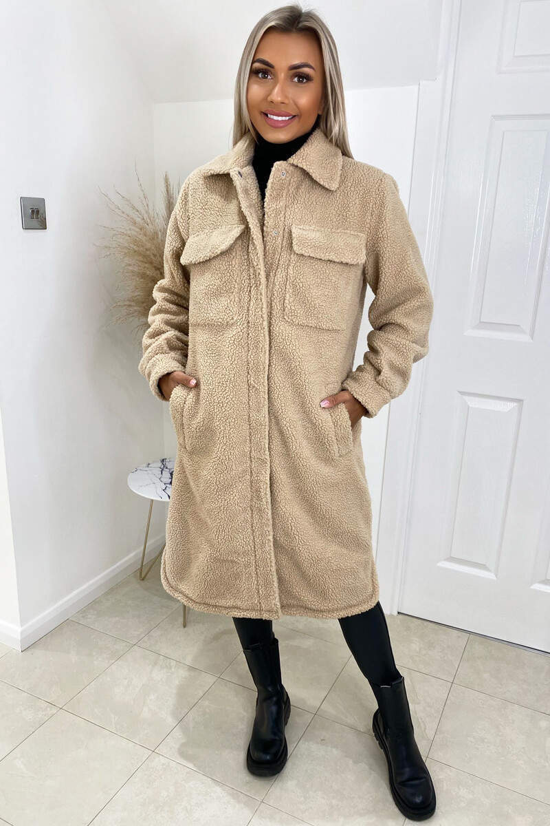 Oatmeal Oversized Teddy Faux Fur Front Pocket Coat - Swimclubus