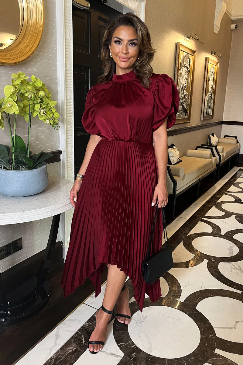 Wine High Neck Puff Sleeve Zig Zag Hem Pleated Midi Dress - Swimclubus