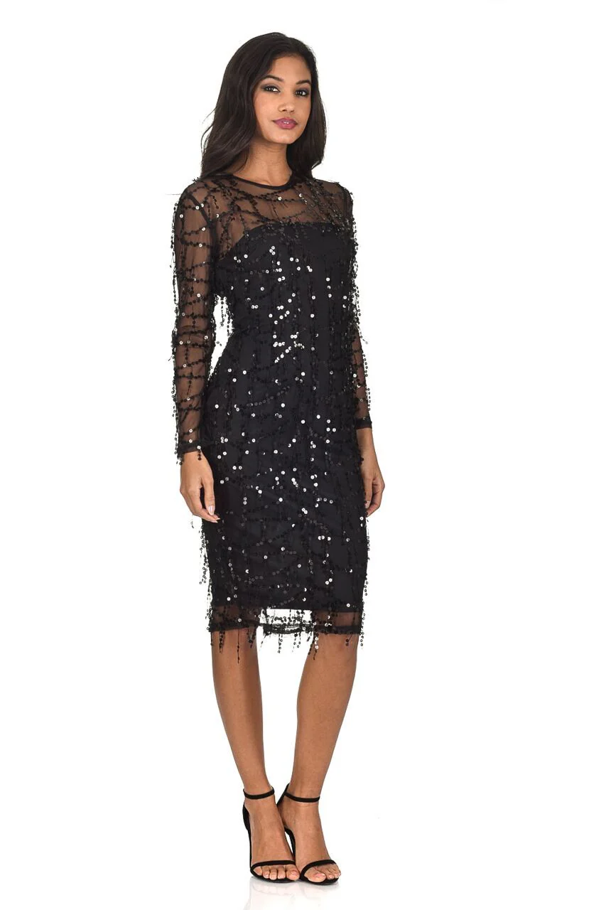 Black 3/4 Sleeve Sequin Dress - Swimclubus
