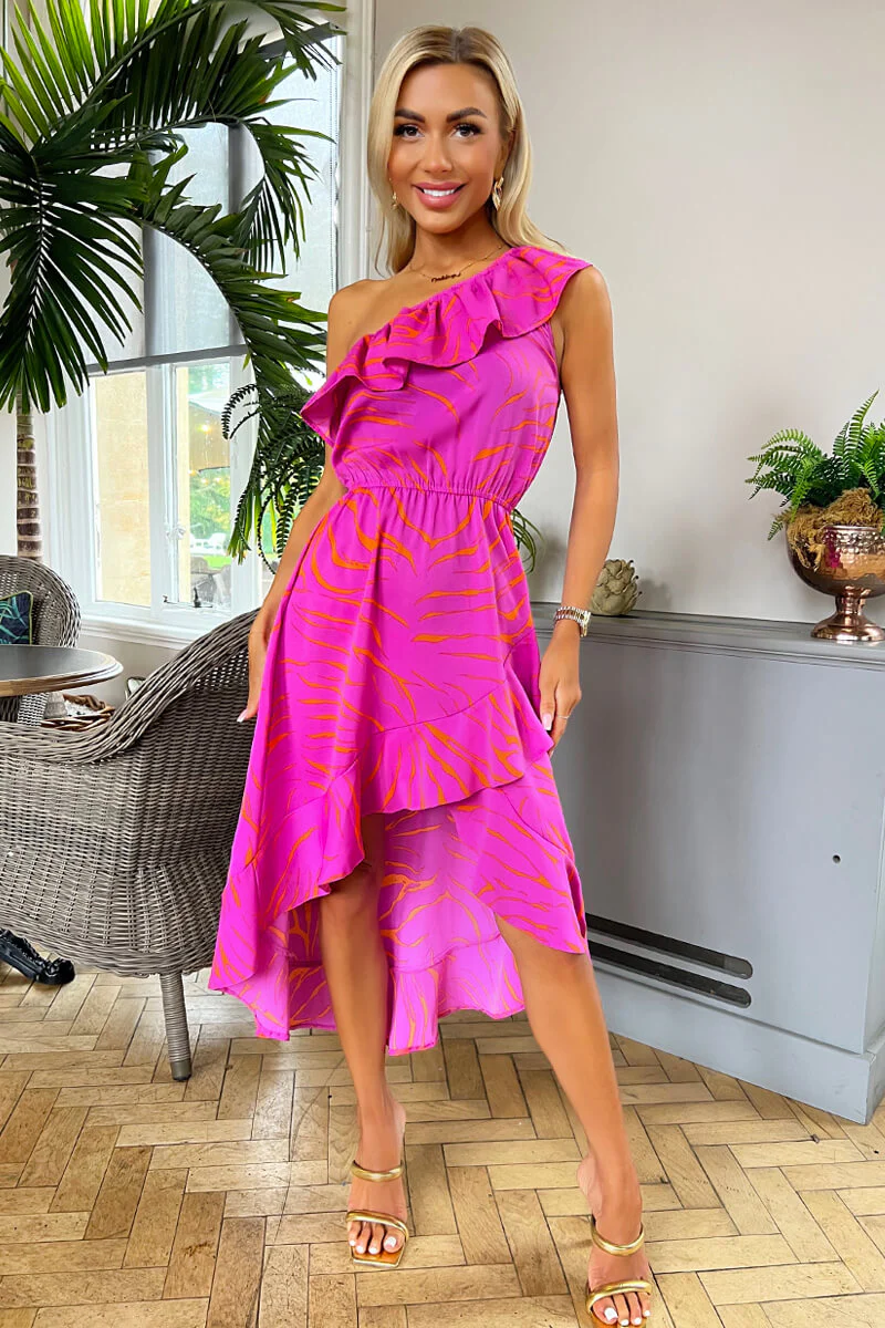Hot Pink Printed One Shoulder Frill Detail Dipped Hem Dress - Swimclubus
