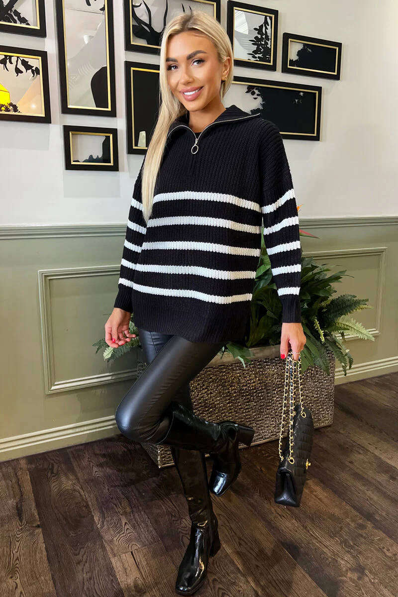Black And Cream Zip Front Striped Knitted Jumper - Swimclubus
