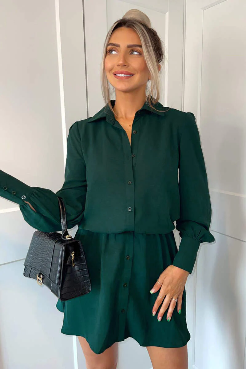 Teal Long Sleeve Shirt Dress With Elasticated Waist - Swimclubus