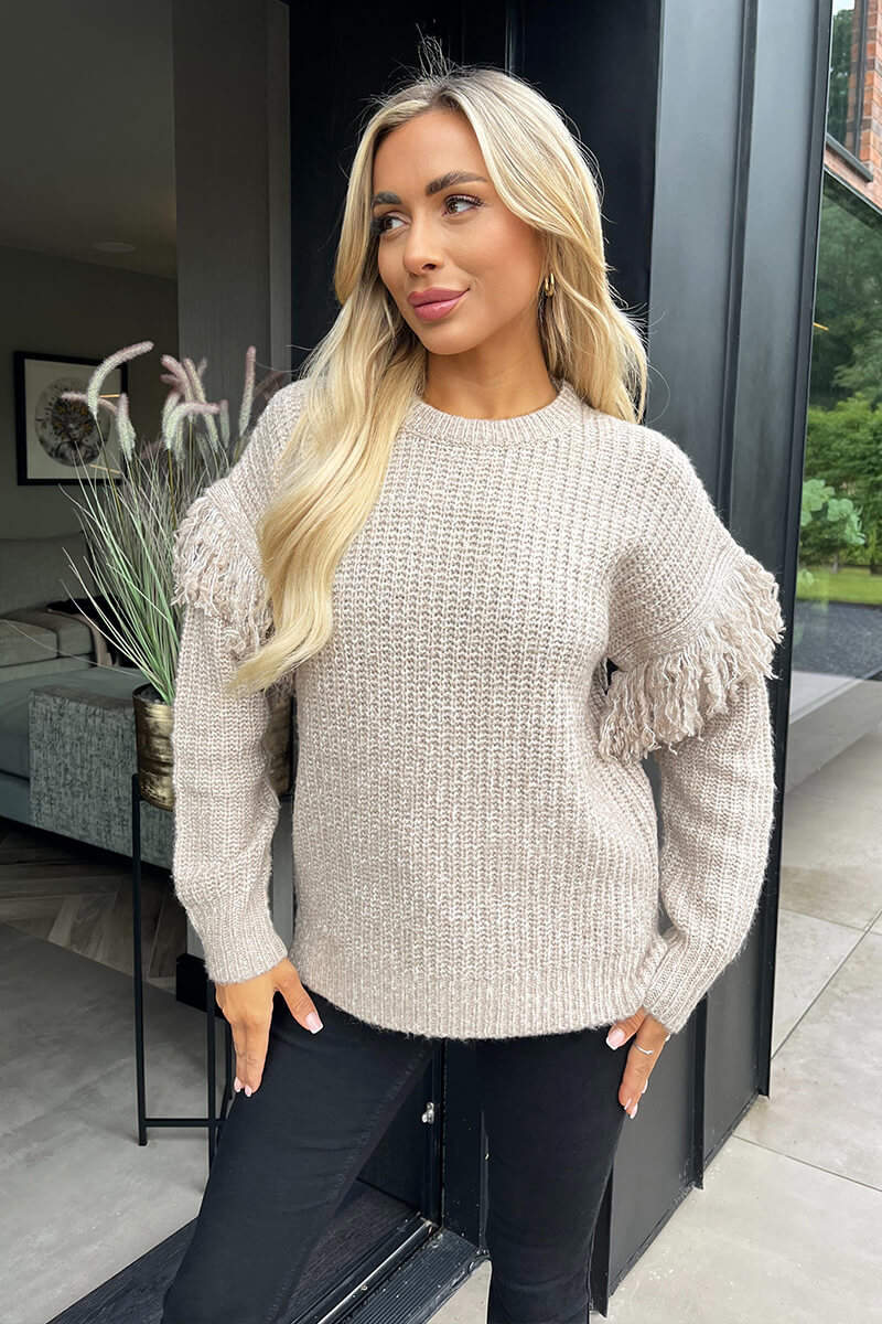 Oatmeal and Cream Fringe Detail Sleeve Knitted Jumper - Swimclubus