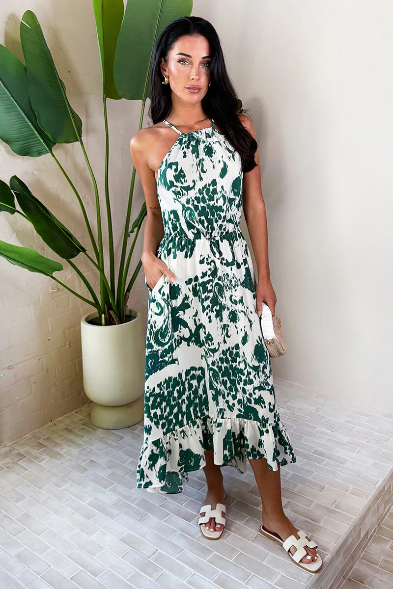 Multi Printed Frill Hem High Neck Midi Dress - Swimclubus