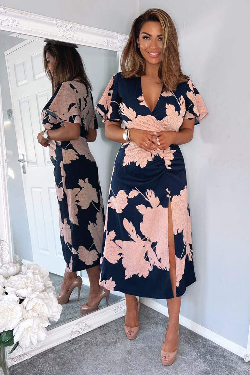 Navy And Blush Floral Print Bell Sleeve Midi Dress - Swimclubus
