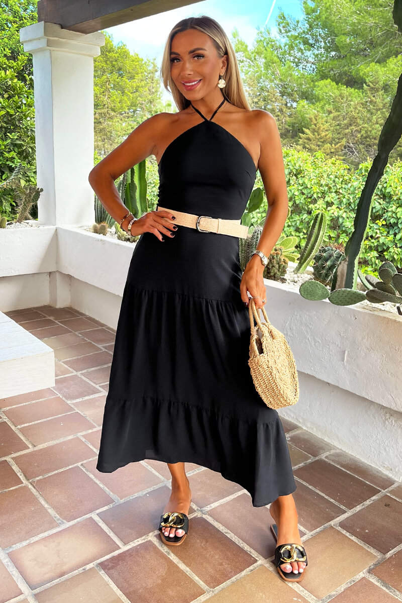 Black Halterneck Straw Belt Tiered Midi Dress - Swimclubus