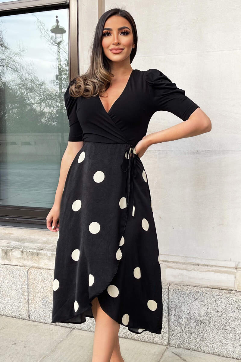 Black And Cream Polka Dot 2 in 1 Wrap Over Midi Dress - Swimclubus