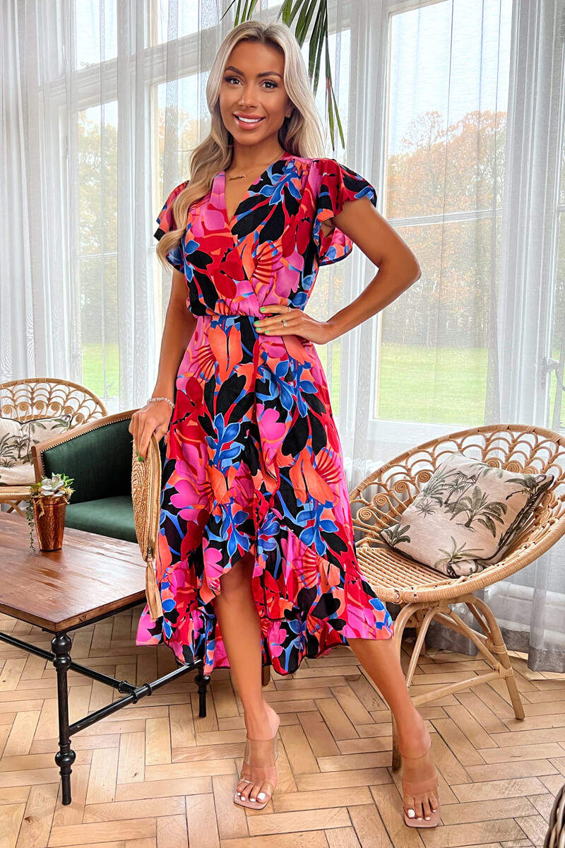 Multi Floral Printed Wrap Over Top Frill Hem Midi Dress - Swimclubus