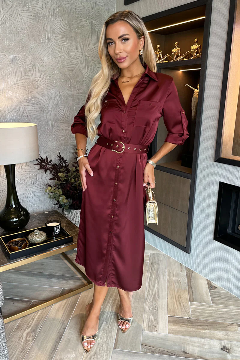 Wine Satin Belted 3/4 Sleeve Gold Buttons Shirt Midi Dress - Swimclubus