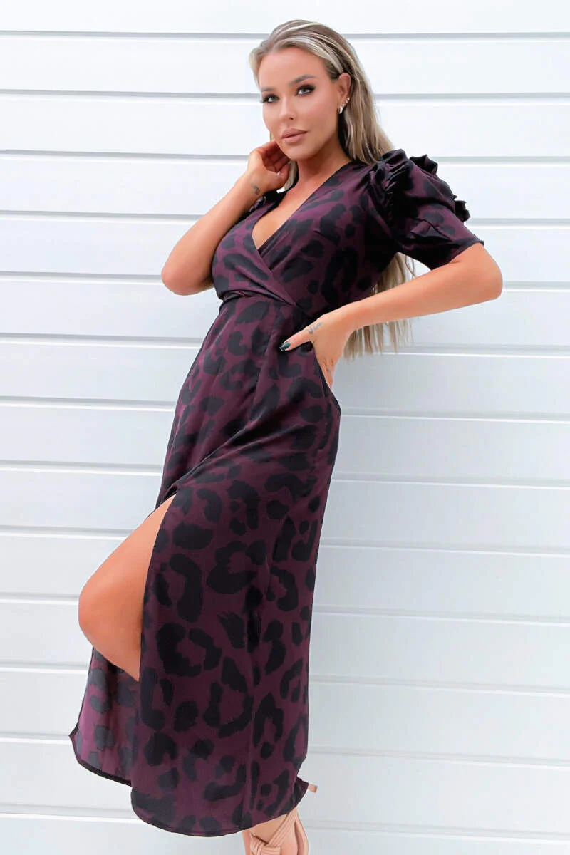 Plum Animal Print Pleated Sleeve Midi Dress - Swimclubus