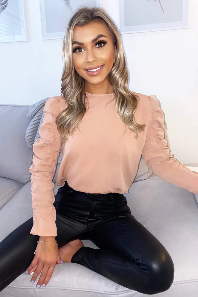 Nude Ruched Sleeve Top - Swimclubus