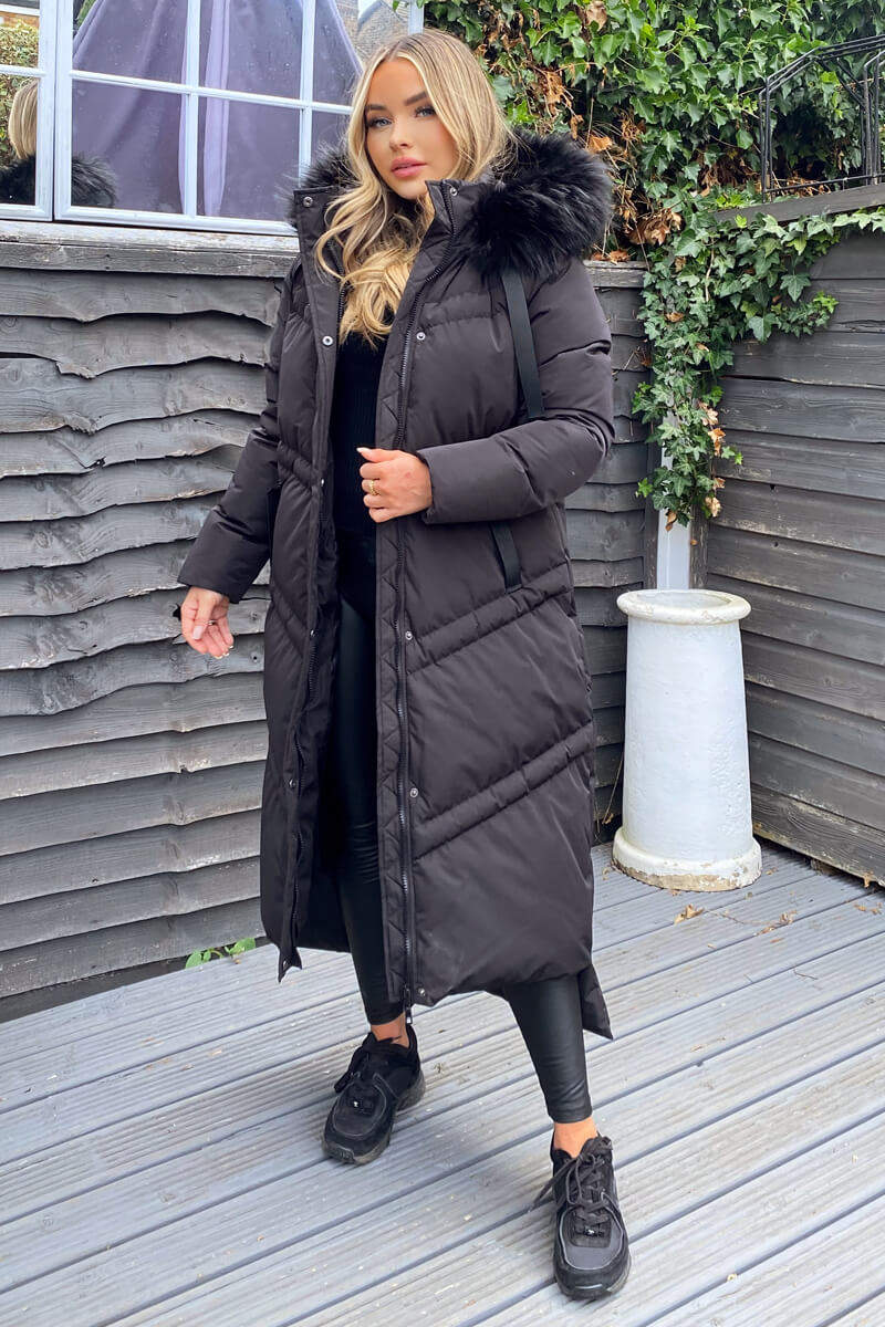 Black Faux Fur Trim Hooded Puffer Coat - Swimclubus