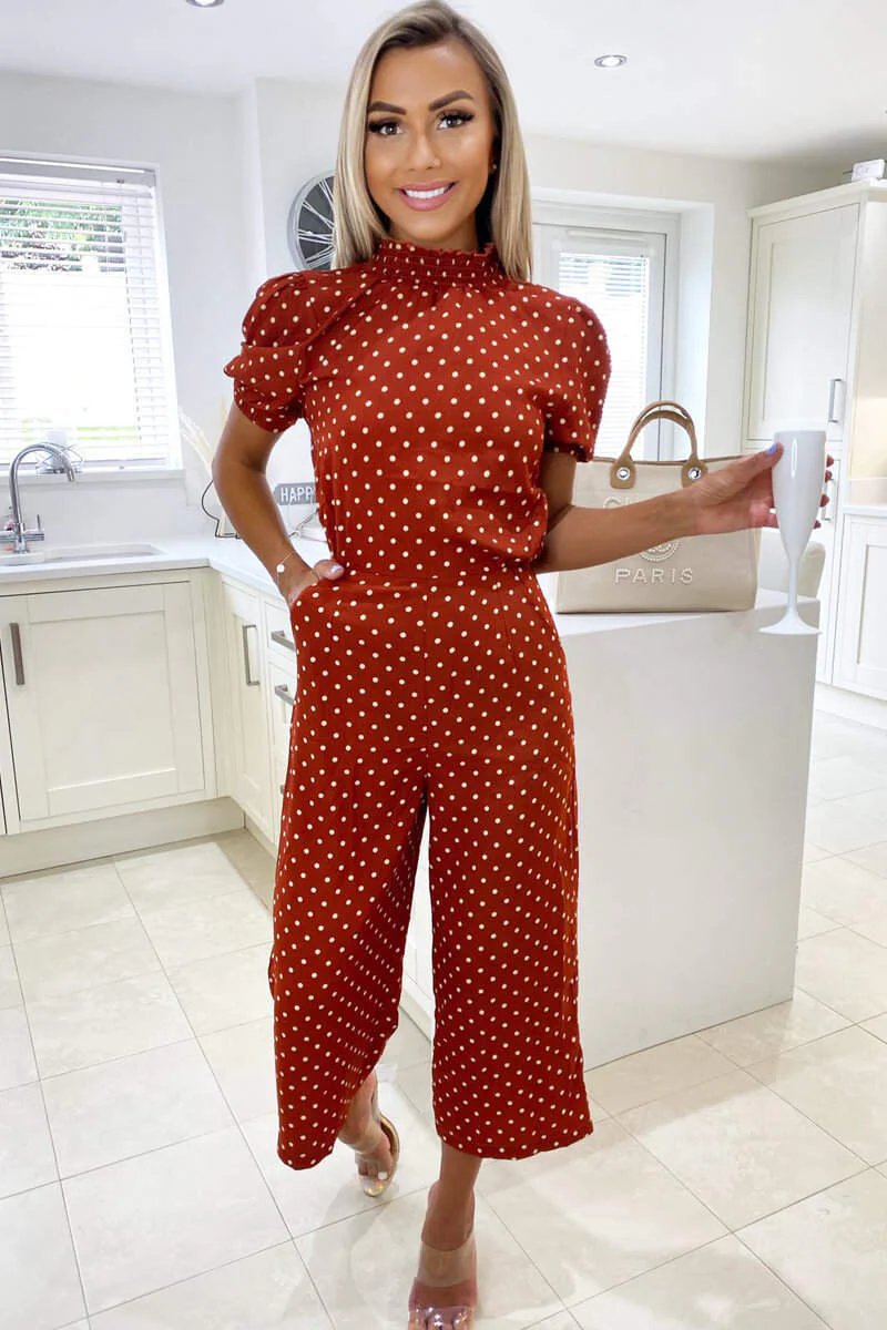 Rust Polka Dot High Neck Culotte Jumpsuit - Swimclubus