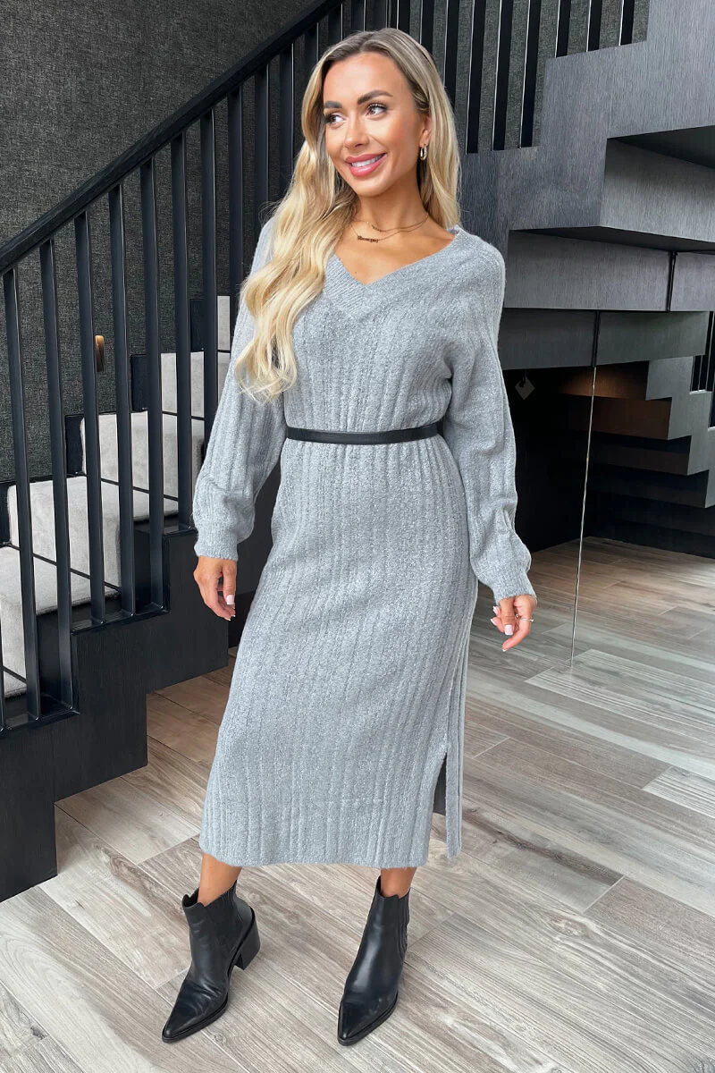 Mid-Grey V-Neck Knitted Midi Dress - Swimclubus