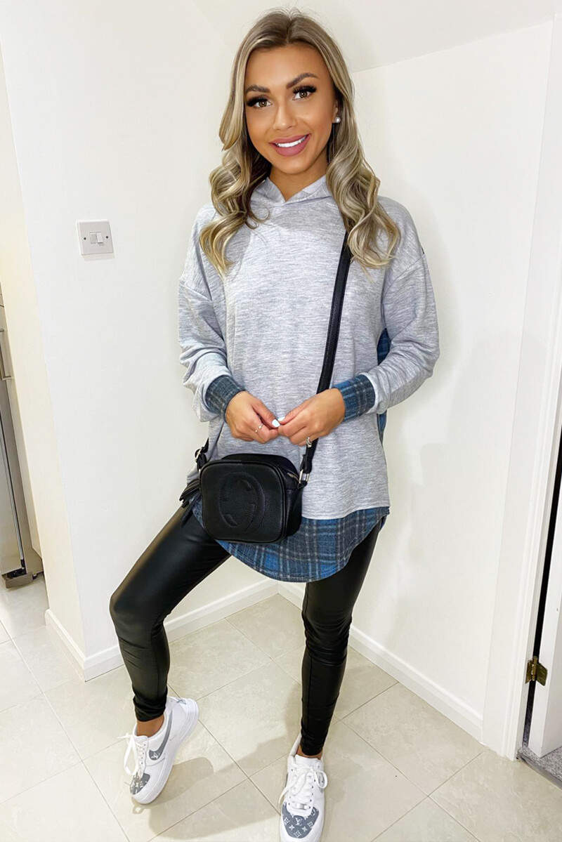 Grey Soft Touch Blue Checked Back Hoodie - Swimclubus