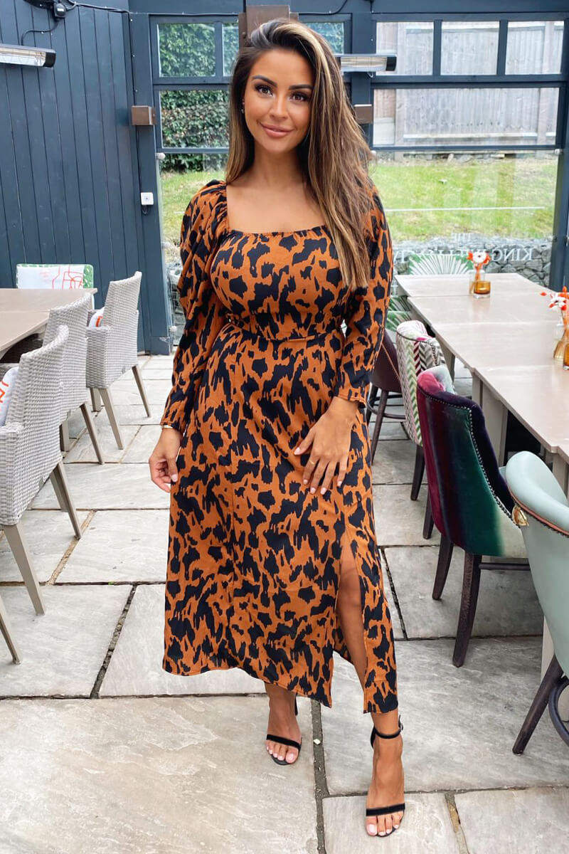 Camel Animal Print Square Neck Midi Dress - Swimclubus