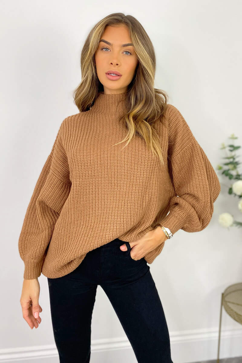 Tan High Neck Knitted Jumper - Swimclubus