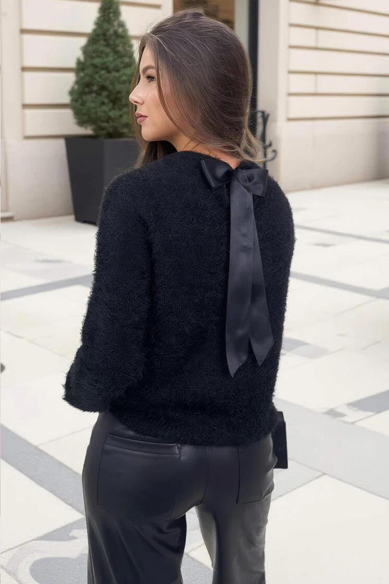 Black Fluffy Knit Satin Bow Back Jumper - Swimclubus