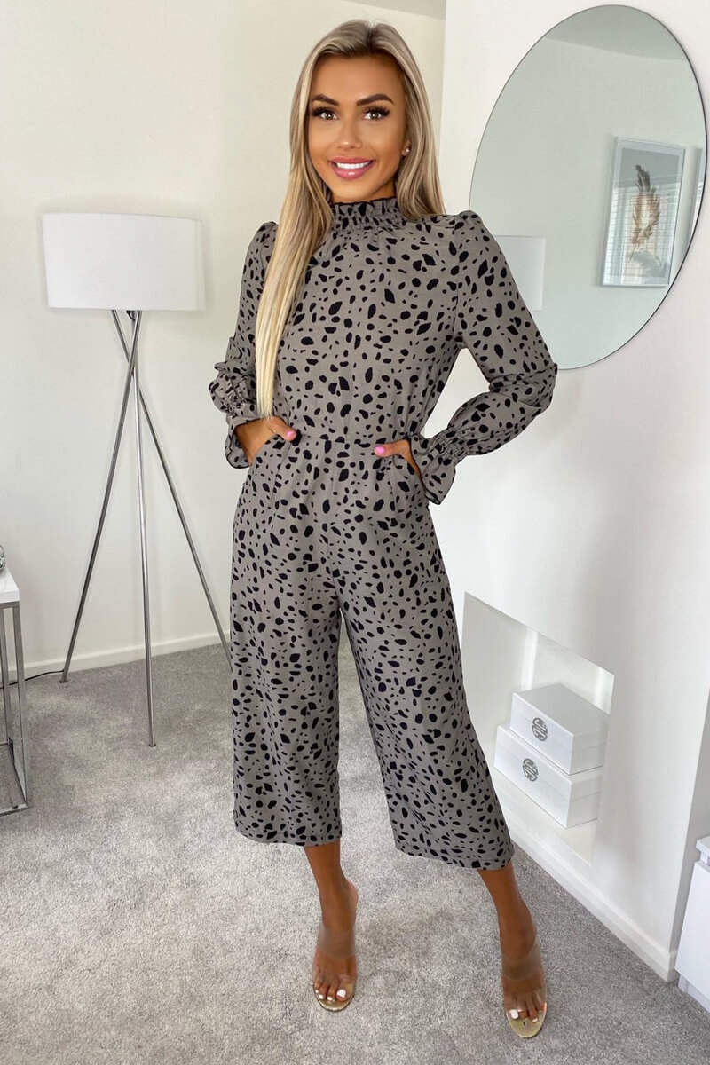Grey Spot Printed High Neck Long Sleeve Jumpsuit - Swimclubus