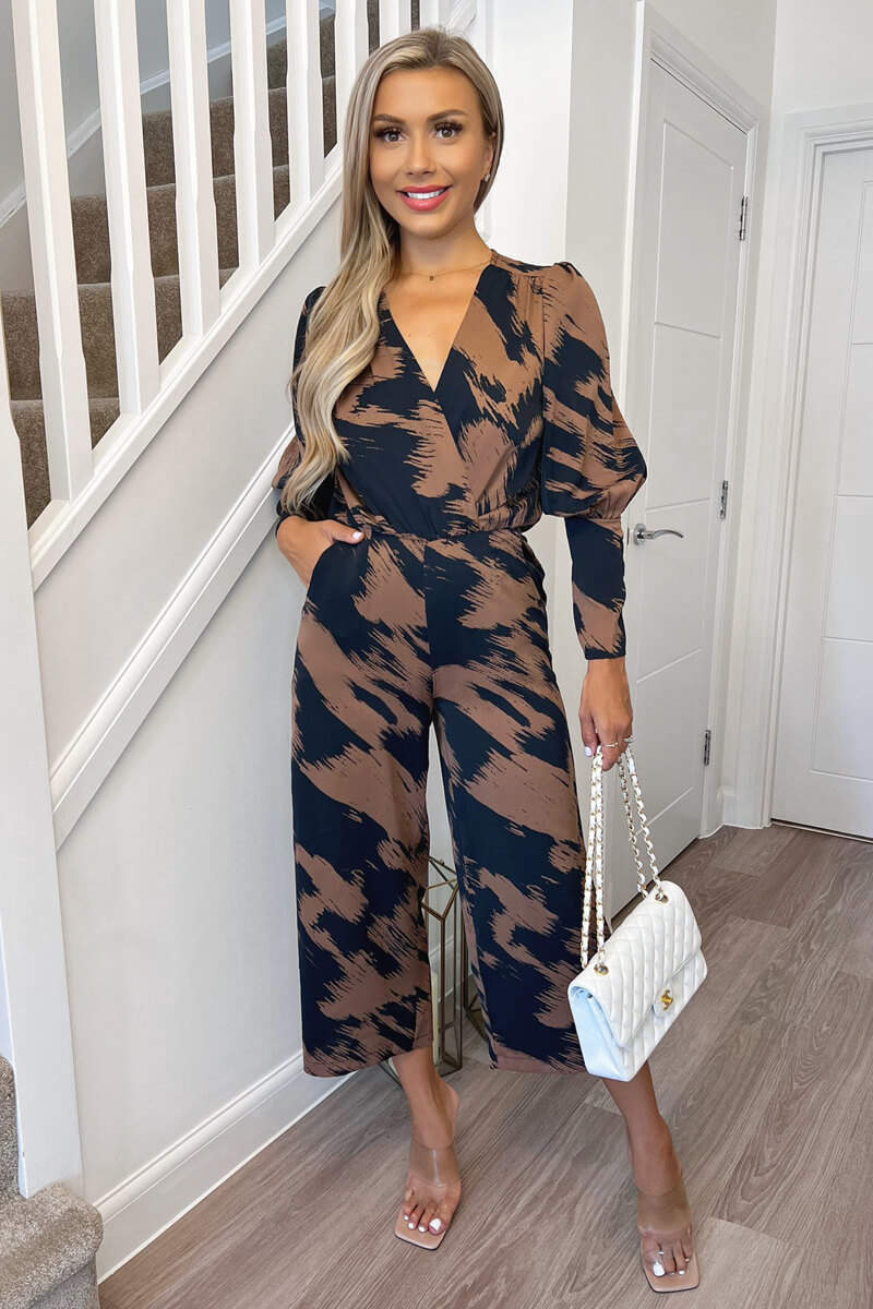 Brown and Navy Printed Wrap Top Culotte Jumpsuit - Swimclubus
