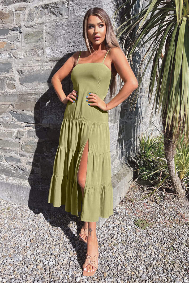 Khaki Strappy Smock Midi Dress - Swimclubus