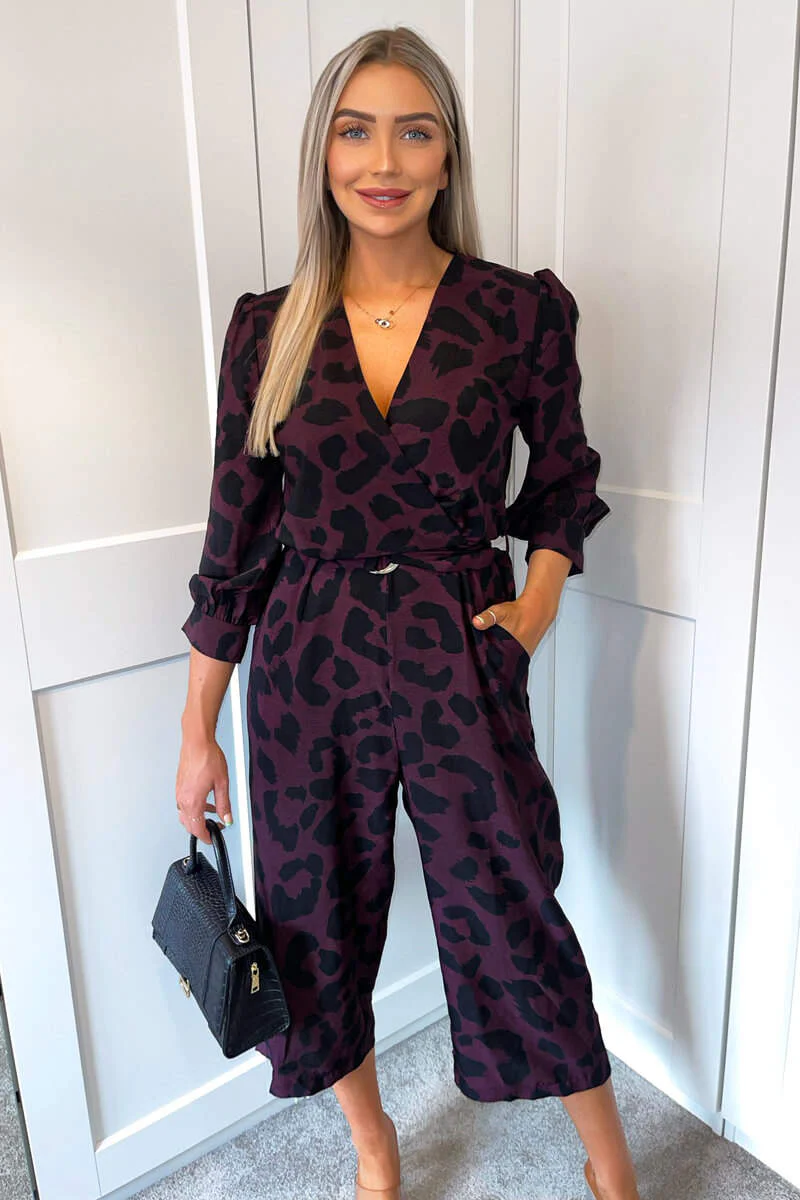 Plum And Black Printed Belted Long Sleeve Jumpsuit - Swimclubus