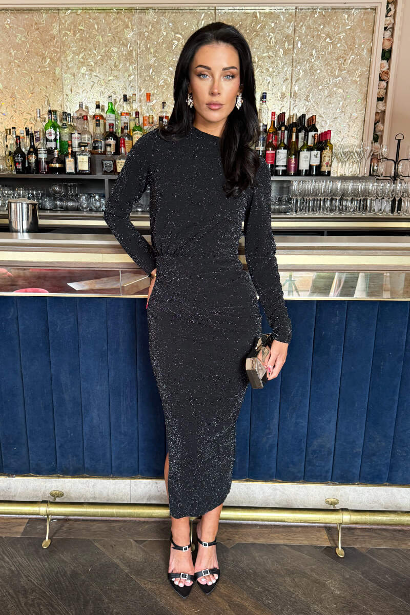 Black Sparkly Long Sleeve Ruched Bodycon Midi Dress - Swimclubus