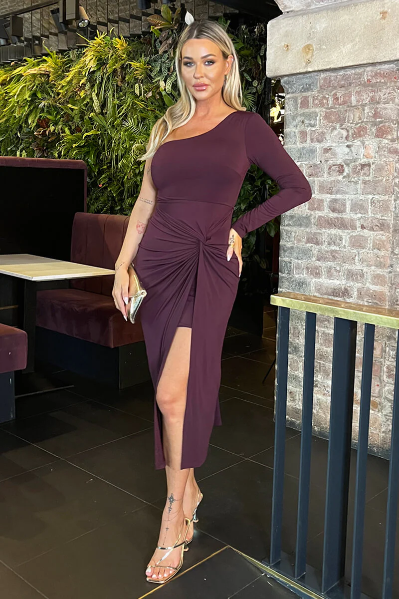 Dark Plum One Sleeve Knot Skirt Midi Dress - Swimclubus