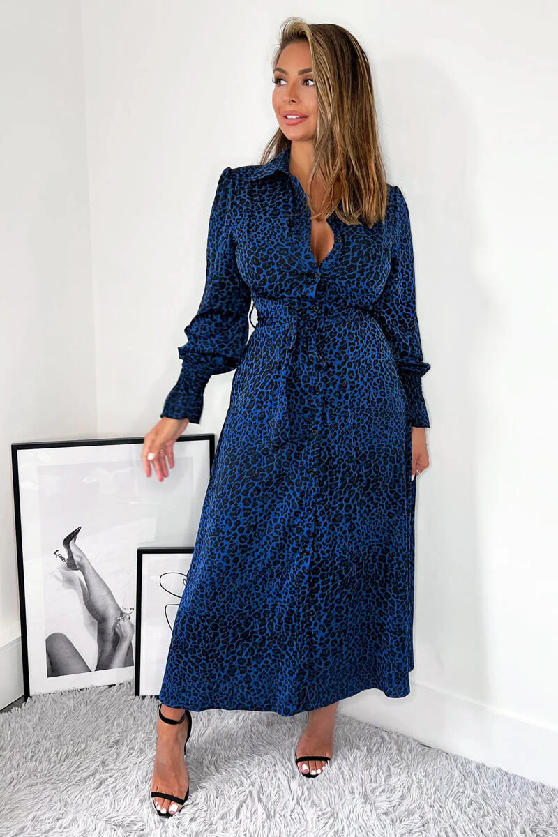 Blue Animal Print Long Sleeve Belted Shirt Dress - Swimclubus