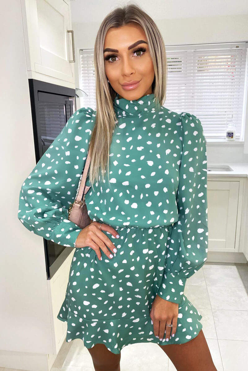 Green Printed High Neck Skater Dress - Swimclubus