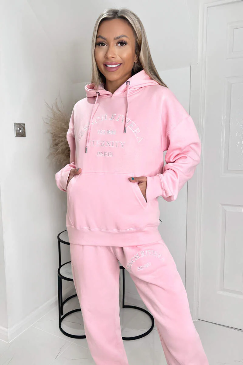 Pink French Riviera Embroidered Slogan Hoodie Lounge Set - Swimclubus