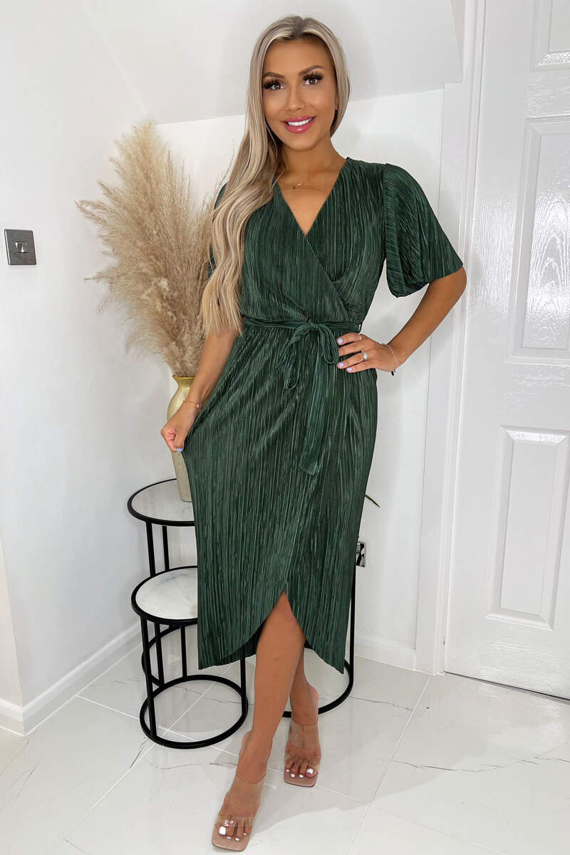 Khaki Wrap Top Belted Short Sleeve Plisse Midi Dress - Swimclubus