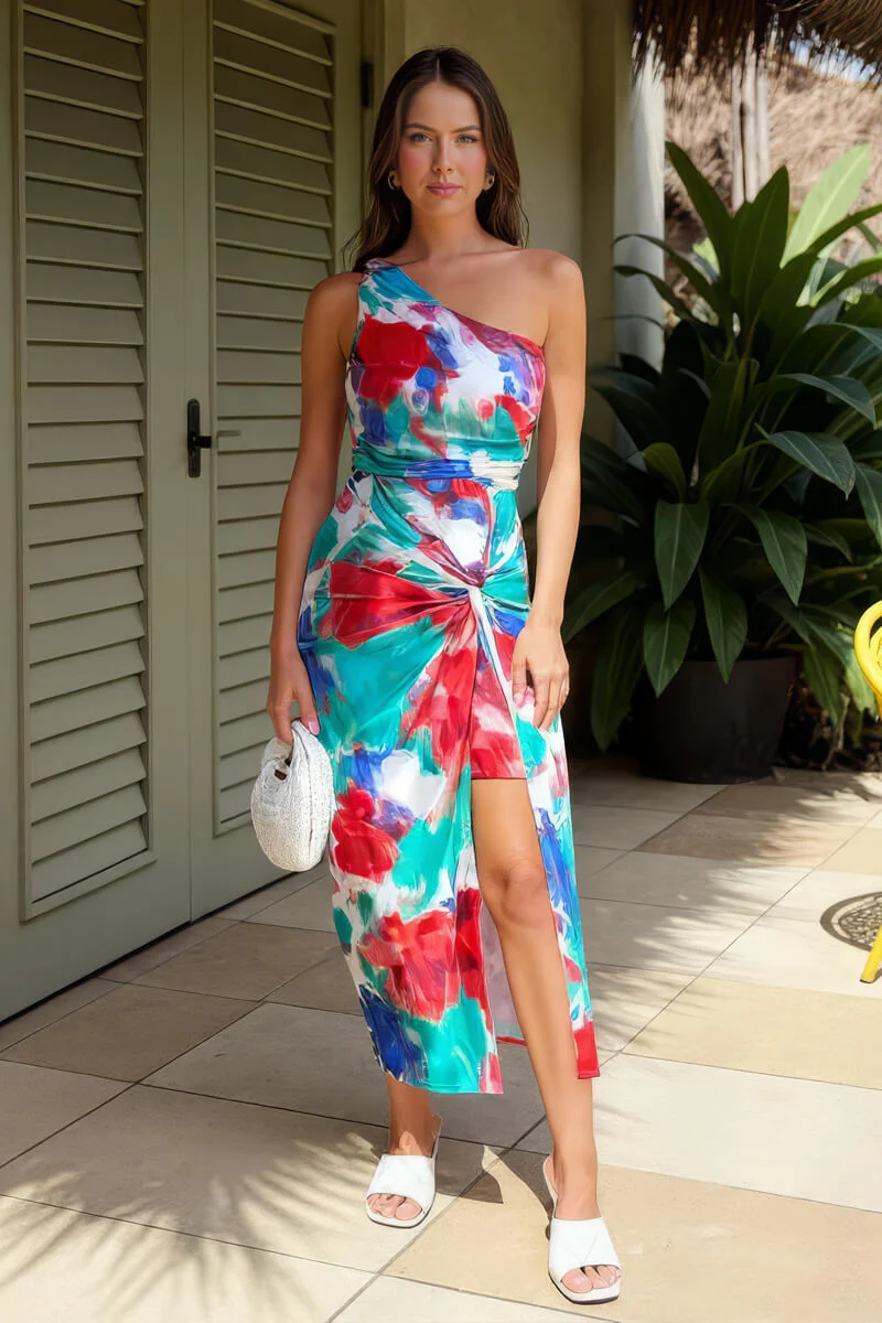 Multi Tie Dye Printed One Shoulder Knot Skirt Midi Dress - Swimclubus