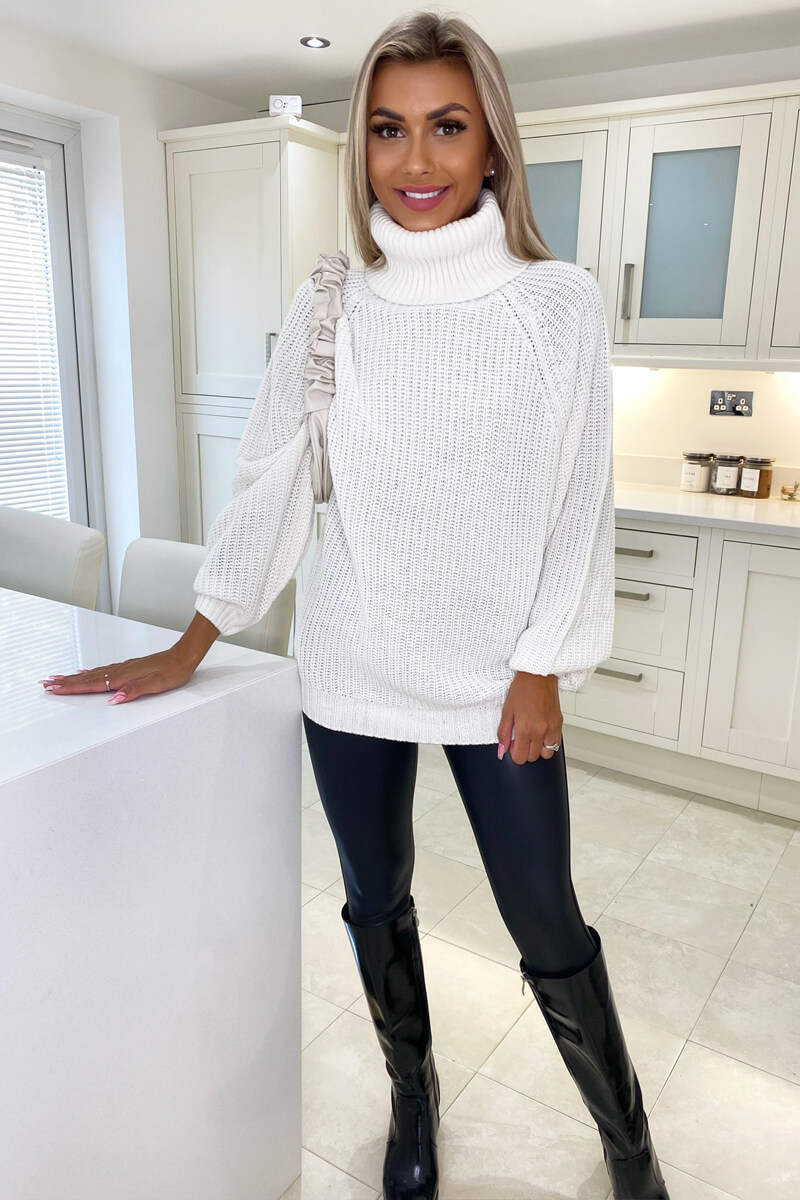 Cream Roll Neck Balloon Sleeve Knitted Jumper - Swimclubus