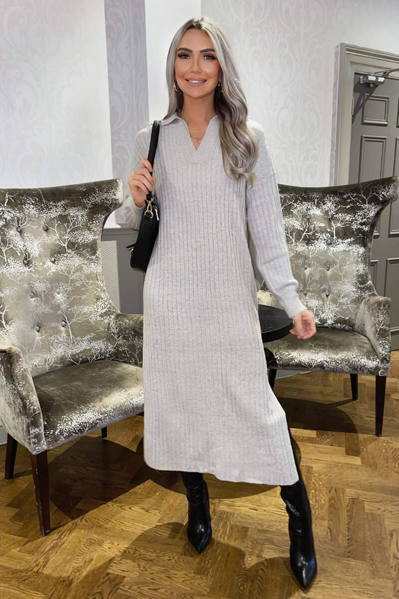 Grey Knit Long Sleeve Collared Midi Dress - Swimclubus