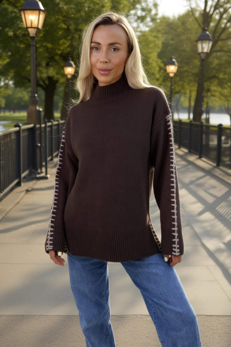 Chocolate Mock Neck Blanket Stitch Detail Jumper - Swimclubus